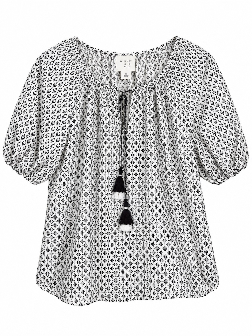A New Day Small Black White Geometric Print Puff Sleeve Tassel Blouse